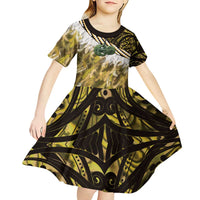 Yellow Traditional Cloak Aotearoa Kid Short Sleeve Dress Maori Paua Shell Korowai Pattern