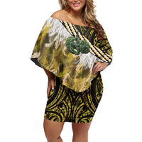 Yellow Traditional Cloak Aotearoa Off Shoulder Short Dress Maori Paua Shell Korowai Pattern
