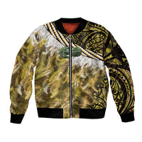 Yellow Traditional Cloak Aotearoa Sleeve Zip Bomber Jacket Maori Paua Shell Korowai Pattern LT14 Unisex Yellow - Polynesian Pride