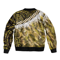 Yellow Traditional Cloak Aotearoa Sleeve Zip Bomber Jacket Maori Paua Shell Korowai Pattern LT14 - Polynesian Pride