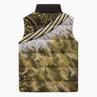 Yellow Traditional Cloak Aotearoa Sleeveless Puffer Jacket Maori Paua Shell Korowai Pattern - Polynesian Pride