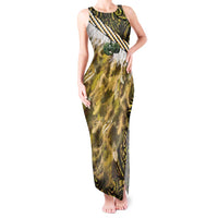 Yellow Traditional Cloak Aotearoa Tank Maxi Dress Maori Paua Shell Korowai Pattern
