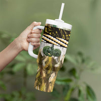 Yellow Traditional Cloak Aotearoa Tumbler With Handle Maori Paua Shell Korowai Pattern LT14 - Polynesian Pride