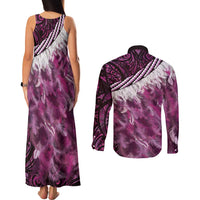 Pink Traditional Cloak Aotearoa Couples Matching Tank Maxi Dress and Long Sleeve Button Shirt Maori Paua Shell Korowai Pattern LT14 - Polynesian Pride
