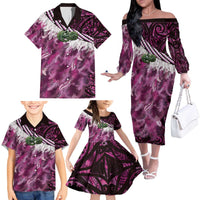 Pink Traditional Cloak Aotearoa Family Matching Off The Shoulder Long Sleeve Dress and Hawaiian Shirt Maori Paua Shell Korowai Pattern