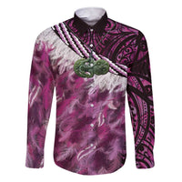 Pink Traditional Cloak Aotearoa Family Matching Short Sleeve Bodycon Dress and Hawaiian Shirt Maori Paua Shell Korowai Pattern