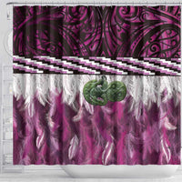 Pink Traditional Cloak Aotearoa Shower Curtain Maori Paua Shell Korowai Pattern