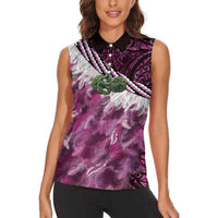 Pink Traditional Cloak Aotearoa Women Sleeveless Polo Shirt Maori Paua Shell Korowai Pattern