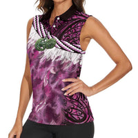 Pink Traditional Cloak Aotearoa Women Sleeveless Polo Shirt Maori Paua Shell Korowai Pattern
