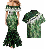 Green Traditional Cloak Aotearoa Couples Matching Mermaid Dress and Hawaiian Shirt Maori Paua Shell Korowai Pattern LT14 - Polynesian Pride