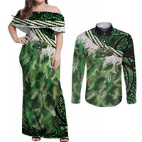 Green Traditional Cloak Aotearoa Couples Matching Off Shoulder Maxi Dress and Long Sleeve Button Shirt Maori Paua Shell Korowai Pattern