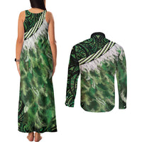 Green Traditional Cloak Aotearoa Couples Matching Tank Maxi Dress and Long Sleeve Button Shirt Maori Paua Shell Korowai Pattern LT14 - Polynesian Pride