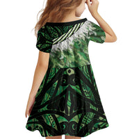 Green Traditional Cloak Aotearoa Family Matching Off Shoulder Short Dress and Hawaiian Shirt Maori Paua Shell Korowai Pattern