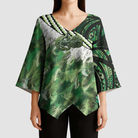 Green Traditional Cloak Aotearoa Kimono Sleeve Blouse Maori Paua Shell Korowai Pattern - Polynesian Pride