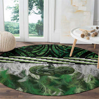 Green Traditional Cloak Aotearoa Round Carpet Maori Paua Shell Korowai Pattern