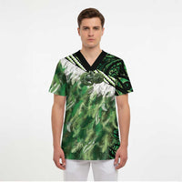 Green Traditional Cloak Aotearoa Scrub Top Maori Paua Shell Korowai Pattern - Polynesian Pride