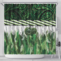 Green Traditional Cloak Aotearoa Shower Curtain Maori Paua Shell Korowai Pattern