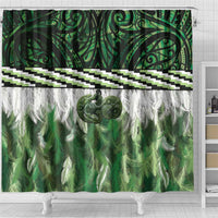 Green Traditional Cloak Aotearoa Shower Curtain Maori Paua Shell Korowai Pattern