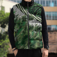 Green Traditional Cloak Aotearoa Sleeveless Puffer Jacket Maori Paua Shell Korowai Pattern - Polynesian Pride