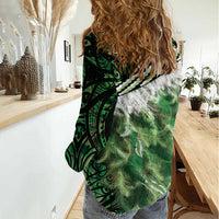 Green Traditional Cloak Aotearoa Women Casual Shirt Maori Paua Shell Korowai Pattern