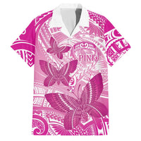Personalised Polynesia Breast Cancer Awareness Family Matching Puletasi and Hawaiian Shirt Think Pink Ribbon Polynesian Butterflies LT14 Dad's Shirt - Short Sleeve Pink - Polynesian Pride