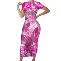 Personalised Polynesia Breast Cancer Awareness Short Sleeve Bodycon Dress Think Pink Ribbon Polynesian Butterflies LT14 Long Dress Pink - Polynesian Pride