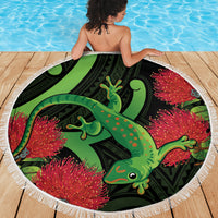 New Zealand Gecko Beach Blanket Aotearoa Maori With Pohutukawa Flowers