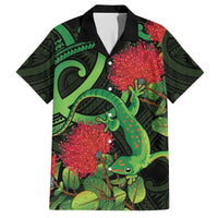 New Zealand Gecko Family Matching Tank Maxi Dress and Hawaiian Shirt Aotearoa Maori With Pohutukawa Flowers LT14 Dad's Shirt - Short Sleeve Black - Polynesian Pride