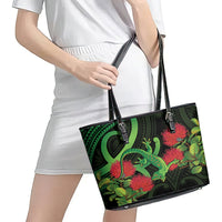 New Zealand Gecko Leather Tote Bag Aotearoa Maori With Pohutukawa Flowers LT14 - Polynesian Pride