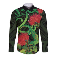 New Zealand Gecko Long Sleeve Button Shirt Aotearoa Maori With Pohutukawa Flowers