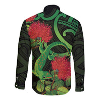 New Zealand Gecko Long Sleeve Button Shirt Aotearoa Maori With Pohutukawa Flowers