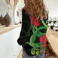 New Zealand Gecko Women Casual Shirt Aotearoa Maori With Pohutukawa Flowers LT14 - Polynesian Pride
