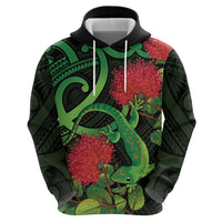 New Zealand Gecko Zip Hoodie Aotearoa Maori With Pohutukawa Flowers