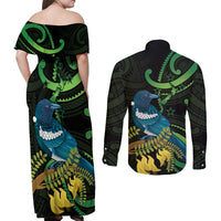 New Zealand Tui Bird Couples Matching Off Shoulder Maxi Dress and Long Sleeve Button Shirt Aotearoa Maori With Kowhai Flowers
