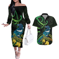 New Zealand Tui Bird Couples Matching Off The Shoulder Long Sleeve Dress and Hawaiian Shirt Aotearoa Maori With Kowhai Flowers