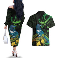 New Zealand Tui Bird Couples Matching Off The Shoulder Long Sleeve Dress and Hawaiian Shirt Aotearoa Maori With Kowhai Flowers