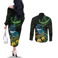 New Zealand Tui Bird Couples Matching Off The Shoulder Long Sleeve Dress and Long Sleeve Button Shirt Aotearoa Maori With Kowhai Flowers LT14 - Polynesian Pride