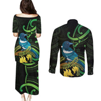 New Zealand Tui Bird Couples Matching Puletasi and Long Sleeve Button Shirt Aotearoa Maori With Kowhai Flowers