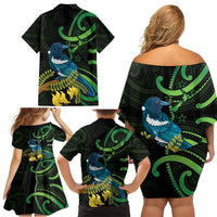 New Zealand Tui Bird Family Matching Off Shoulder Short Dress and Hawaiian Shirt Aotearoa Maori With Kowhai Flowers LT14 - Polynesian Pride