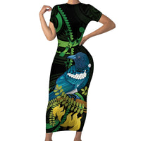 New Zealand Tui Bird Family Matching Short Sleeve Bodycon Dress and Hawaiian Shirt Aotearoa Maori With Kowhai Flowers LT14 Mom's Dress Black - Polynesian Pride