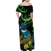 New Zealand Tui Bird Off Shoulder Maxi Dress Aotearoa Maori With Kowhai Flowers