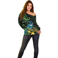 New Zealand Tui Bird Off Shoulder Sweater Aotearoa Maori With Kowhai Flowers