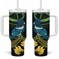 New Zealand Tui Bird Tumbler With Handle Aotearoa Maori With Kowhai Flowers LT14 One Size: 40 oz Black - Polynesian Pride