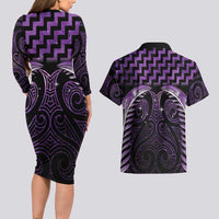Purple Matariki New Zealand Couples Matching Long Sleeve Bodycon Dress and Hawaiian Shirt Maori Poutama Galaxy Vibes