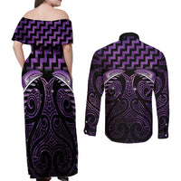 Purple Matariki New Zealand Couples Matching Off Shoulder Maxi Dress and Long Sleeve Button Shirt Maori Poutama Galaxy Vibes