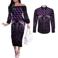 Purple Matariki New Zealand Couples Matching Off The Shoulder Long Sleeve Dress and Long Sleeve Button Shirt Maori Poutama Galaxy Vibes