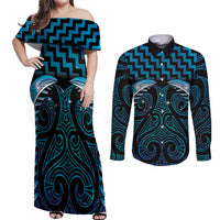 Blue Matariki New Zealand Couples Matching Off Shoulder Maxi Dress and Long Sleeve Button Shirt Maori Poutama Galaxy Vibes