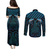 Blue Matariki New Zealand Couples Matching Puletasi and Long Sleeve Button Shirt Maori Poutama Galaxy Vibes LT14 - Polynesian Pride