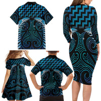 Blue Matariki New Zealand Family Matching Long Sleeve Bodycon Dress and Hawaiian Shirt Maori Poutama Galaxy Vibes