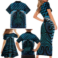 Blue Matariki New Zealand Family Matching Short Sleeve Bodycon Dress and Hawaiian Shirt Maori Poutama Galaxy Vibes